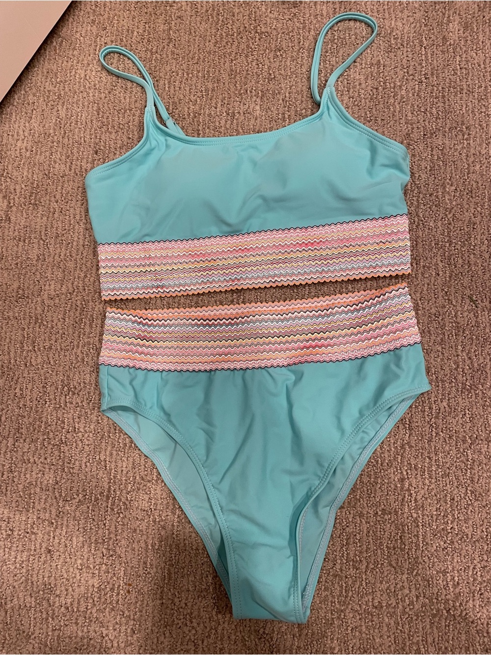 NEW SHEIN Aqua Two-Piece Swimsuit with Pastel Chevron Band